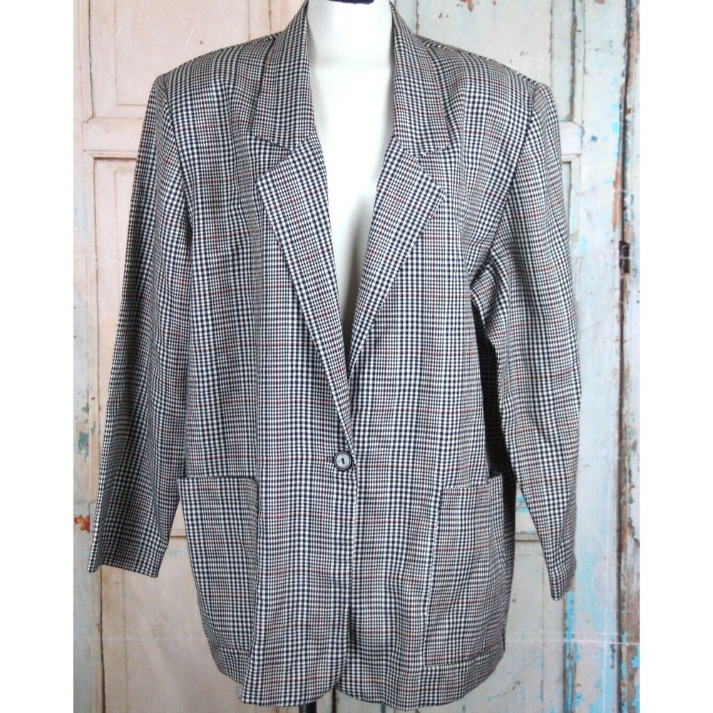 Vtg Diana Marco Womens Houndstooth Plaid Unlined Blazer Jacket Size 16 USA